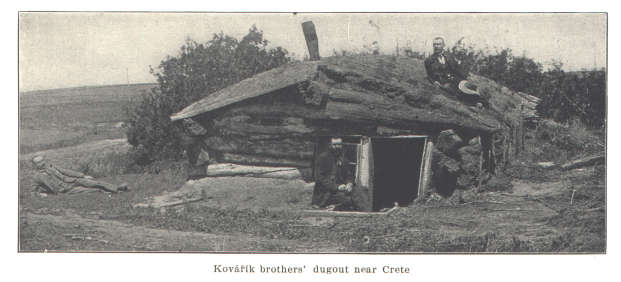 The 1929 book A History of Czechs (Bohemians) in Nebraska, compiled by Rose Rosicky, includes this photograph of the Kovarik brothers' dugout. There were two sets of Kovarik brothers in Saline County. All four men came from Havlovice. However, Rosicky's narrative states that "Joseph and Thomas Kovarik . . . built the first saloon and dance hall on their farm, which burned down in 1879. Their dug-out for many years remained as a memento of pioneer days." This is presumably a photograph of that dugout, perhaps taken in the 1880s or 1890s when it had become something of a historical artifact. Joseph Kovarik's wife was Anna Kobes, Jacob's sister. In fact, Homestead claims tell us that everyone in the Kobes and Filipi families initially lived in dugouts like this one for a couple years before they were able to buy enough lumber to build log cabins. Rosicky, Rose. A History of Czechs (Bohemians) in Nebraska. Omaha: Czech Historical Society of Nebraska and the National Printing Company, 1929, pp 70-97. Published online here.