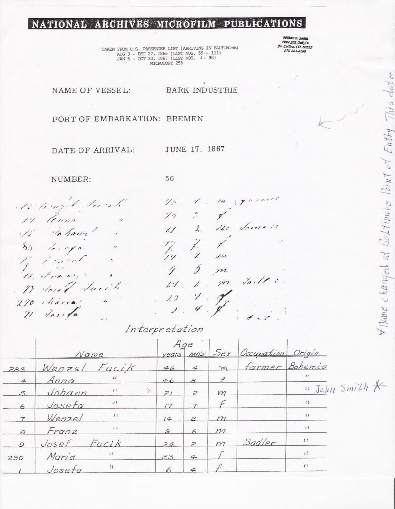 Copy of ship manifest from Bark Industrie, which arrived in Baltimore from Bremen Jun 17, 1867, showing the Fucik family. From National Archives microfilm.