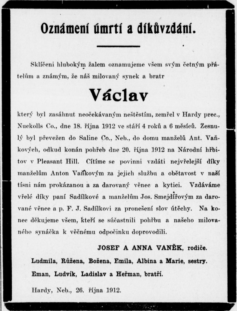 Václav (James) Vanek obituary from Wilberske Lisky, 30 Oct 1912, pg. 4.