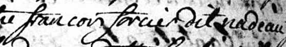 Francois Forcier dit Nadeau's name cropped from the parish record of his 1761 marriage.