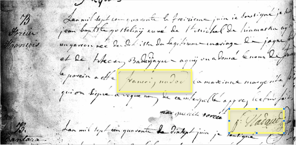 Baptism record of Francois Forcier with Francois Nadeau's name highlighted.