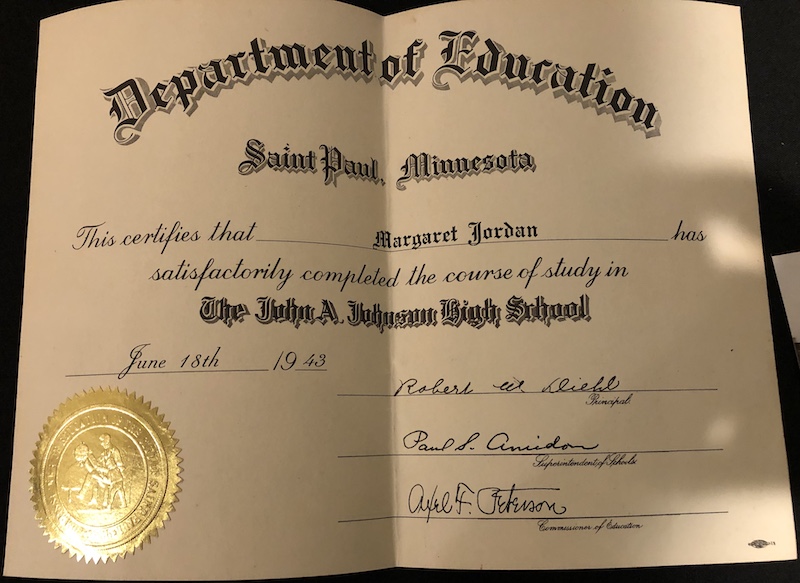 Margaret's high school diploma.