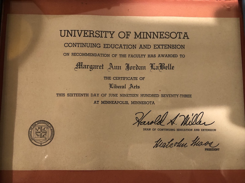 Margaret's diploma from the University of Minnesota.